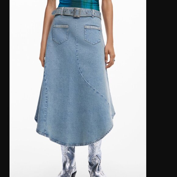 NWT DESIGUAL BLUE ASYMMETRIC DENIM WESTERN BOHO BELTED MIDI SKIRT US Small - Picture 3 of 12